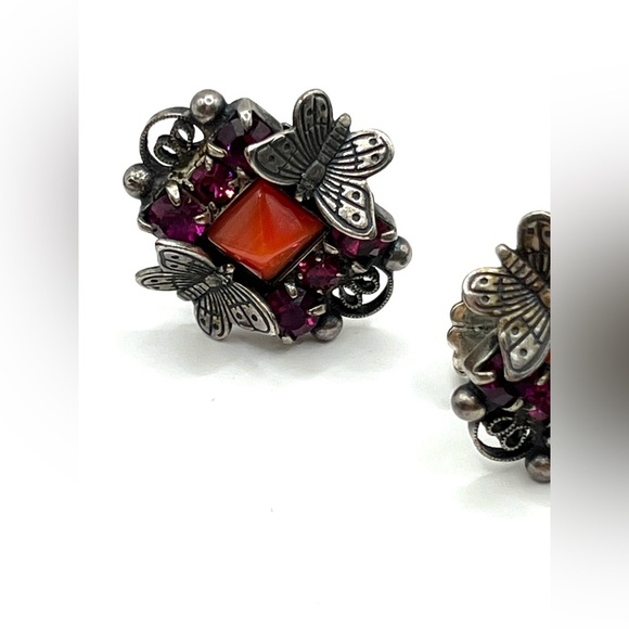 Mary DeMarco Necklace Bracelet Earrings Set Pink Silver Pewter Floral Butterfly - Picture 15 of 16